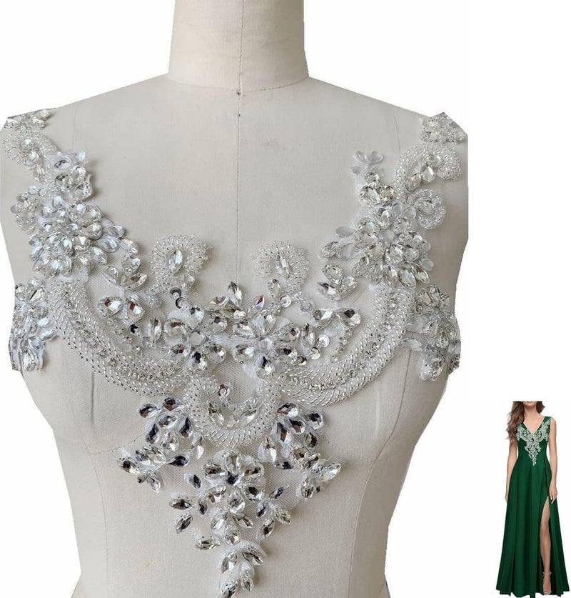 wtbvn Handmade Rhinestones lace Applique handsewing Beads Trim Patches Neckline for Dress Clothes Accessory (White) - Image 1